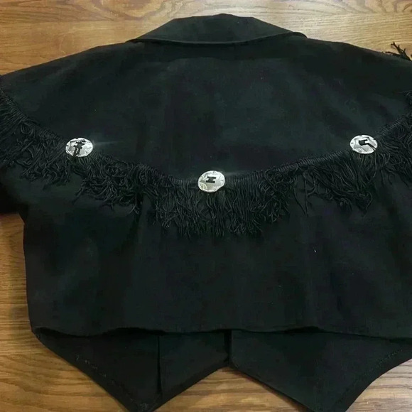 Fringe, cropped, hand painted feather sleeves, 100% cotton denim button coat Med - Picture 5 of 9